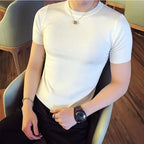 Qualidade superior verão fino manga curta malhas camiseta roupas masculinas 2024 cor sólida fino ajuste o-pescoço camiseta streetwear 3xl-m