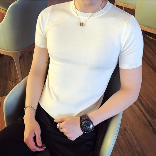Qualidade superior verão fino manga curta malhas camiseta roupas masculinas 2024 cor sólida fino ajuste o-pescoço camiseta streetwear 3xl-m