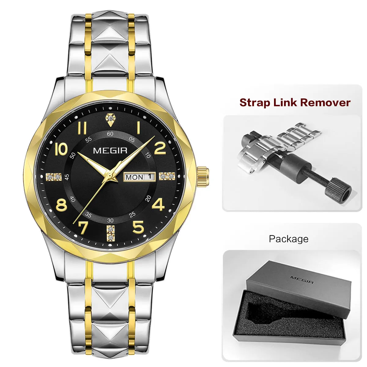 Megir relógio masculino de quartzo com pulseira de aço inoxidável, relógio de pulso estilo simples e data do dia, calendário, caixa de liga