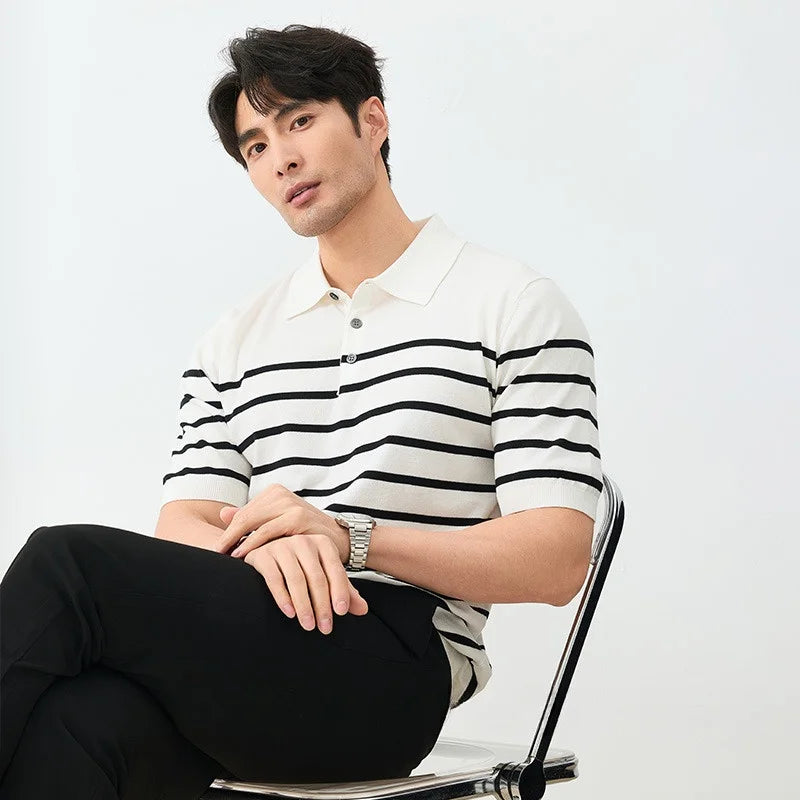 2025 verão masculino respirável listrado contraste painel polo camisa de alta qualidade casual manga curta malha camiseta topo roupas masculinas
