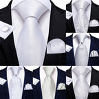 Gravatas masculinas branco sliver hanky abotoaduras conjunto de seda pescoço laços para festa de casamento negócios gravata masculina 2022 nova marca de moda hi-tie