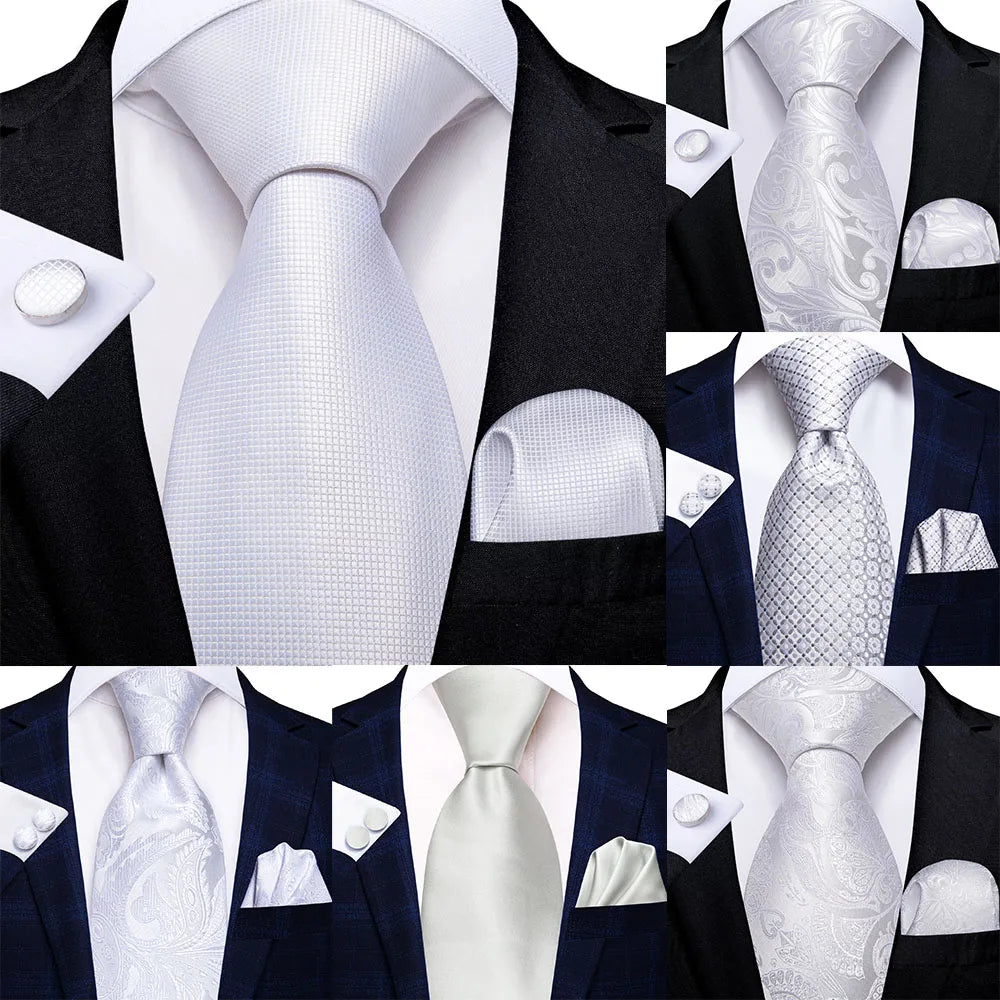 Gravatas masculinas branco sliver hanky abotoaduras conjunto de seda pescoço laços para festa de casamento negócios gravata masculina 2022 nova marca de moda hi-tie