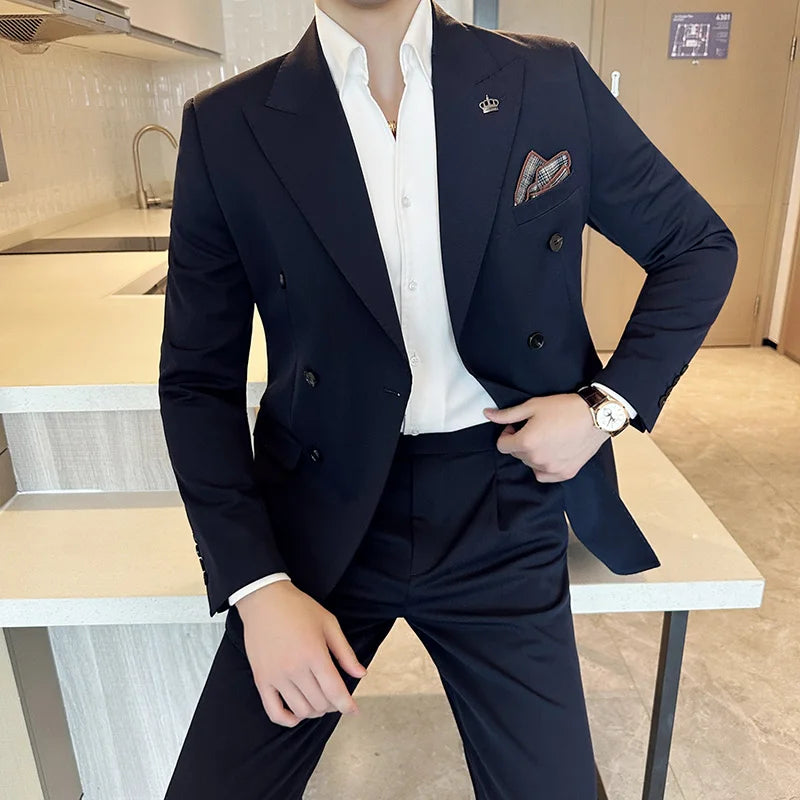 (Blazer + calças) moda duplo breasted design fino terno masculino estilo italiano luxo casamento festa social smoking 2 peça conjunto