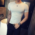 Camiseta de manga curta masculina, simples com gola redonda, slim fit, camiseta casual fitness, roupa sólida, tamanho grande 4XL-M, verão, 2022