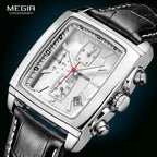 Megir retângulo dial pulseira de couro relógio para homem casual azul cronógrafo relógios de quartzo homem relógio de pulso montre reloj Часы m �