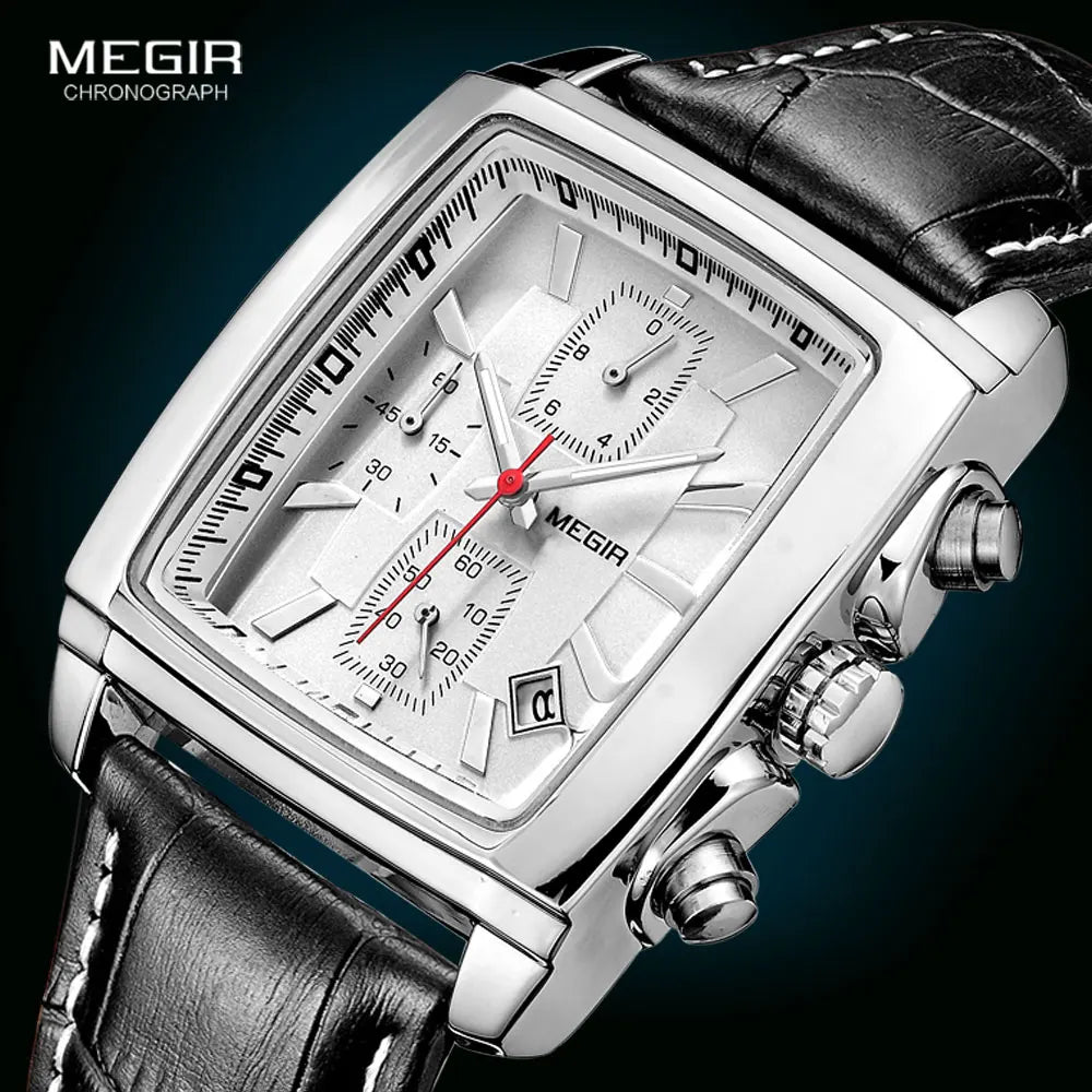 Megir retângulo dial pulseira de couro relógio para homem casual azul cronógrafo relógios de quartzo homem relógio de pulso montre reloj Часы m �