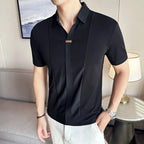 Preto/branco verão alta elástica com decote em v polo camisas masculinas waffle emenda gelo seda sem costura camiseta 2023 casual solto topos t