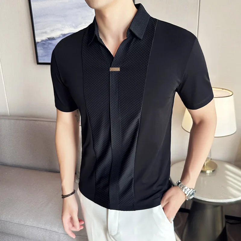 Preto/branco verão alta elástica com decote em v polo camisas masculinas waffle emenda gelo seda sem costura camiseta 2023 casual solto topos t