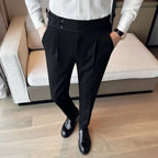 Outono inverno cintura alta calças de vestido de negócios dos homens casual cinto design fino terno calças formal casamento festa social calças masculinas