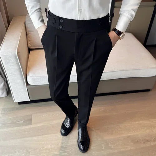 Outono inverno cintura alta calças de vestido de negócios dos homens casual cinto design fino terno calças formal casamento festa social calças masculinas