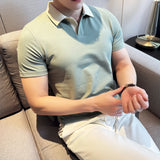 Moda verão cor bloqueada turn down collar polos camisas masculinas de seda gelo manga curta magro casual negócios social camisetas 4xl-m