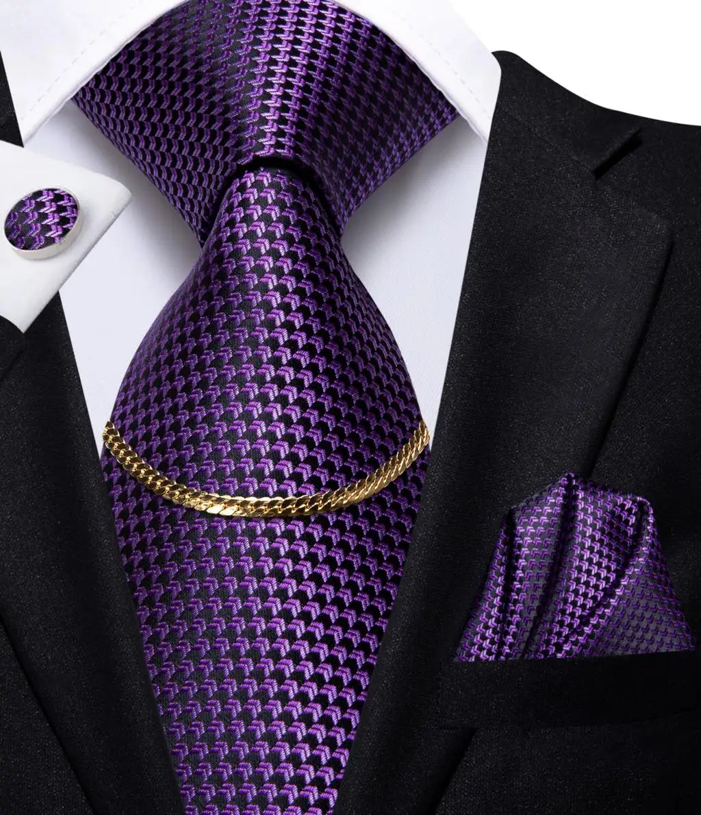 Hi-Tie-Gravatas de seda xadrez de luxo masculinas, conjunto de abotoaduras, design preto, presente de casamento, corrente de gravata moda