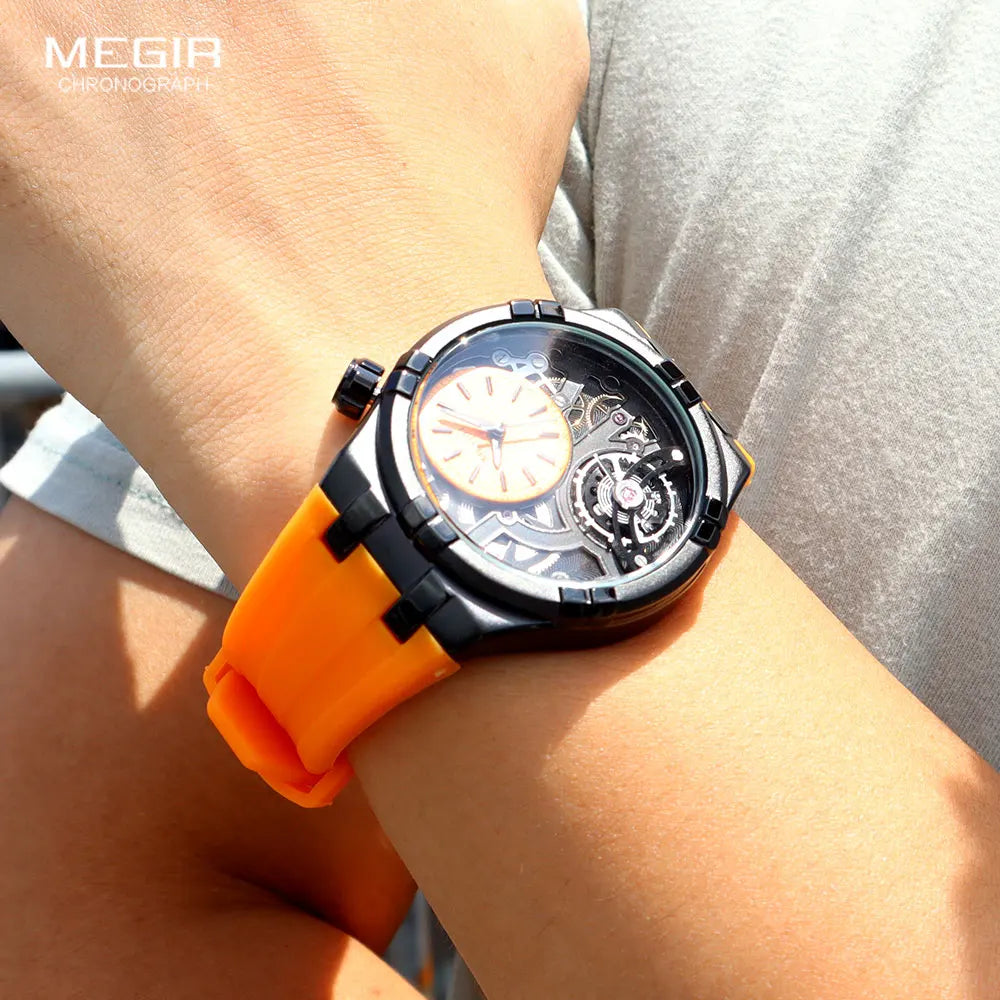MEGIR Laranja Esporte Relógio Analógico para Homens Moda Relógio de Pulso de Quartzo À Prova D 'Água com Mãos Luminosas Pulseira de Silicone MN8111