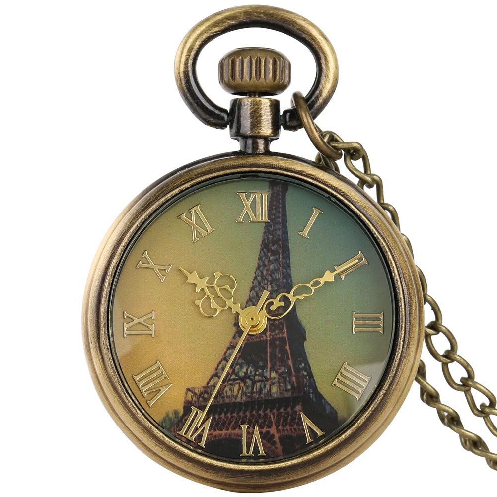 Bronze Moda Paris Torre Eiffel Notre Dame Design Relógio de Bolso de Quartzo LE LOUVRE Colar Pingente Arte Lembrança Relógios