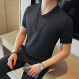 Verão falso 2 peças com decote em v camisetas masculinas 2025 moda sólida fino ajuste casual elástico manga curta camisetas topos roupas masculinas