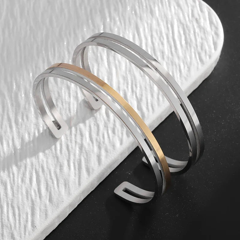 Pulseira de punho simples brilhante de dupla camada de aço inoxidável adequada para homens e mulheres pulseira de punho de duas cores joias de casal