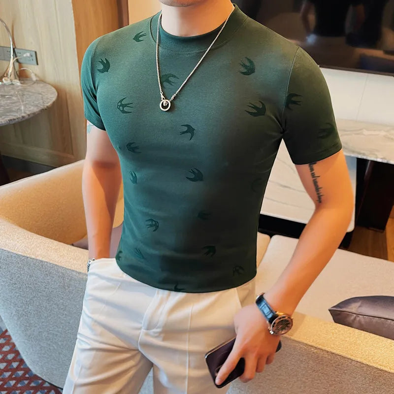 Alta qualidade verão reunindo impressão manga curta camiseta moda masculina fino ajuste em torno do pescoço casual negócios camisetas streetwear 4xl
