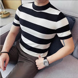 Verão tripulação pescoço manga curta malha camiseta moda listrado fino ajuste casual respirável gelo seda topos camisetas camisa roupas masculinas