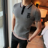 Estilo britânico verão lapela manga curta de malha camisa polo roupas masculinas 2022 houndstooth bordado fino ajuste camisa casual
