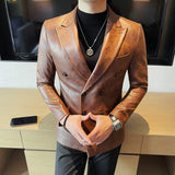 Retro duplo breasted jaqueta de couro dos homens high-end moda fino ajuste negócios casual terno casaco formal festa social baile smoking