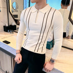 2024 outono inverno nova camisola listrada para homens moda zíper flip colarinho de malha camisa polo masculina manga longa magro casual puxar