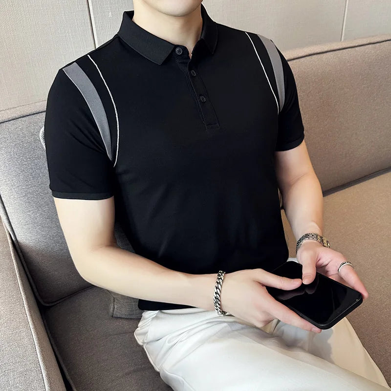 Camisa polo de manga curta emendada masculina 2025 verão de alta qualidade seda gelo fino ajuste casual camiseta topos roupas masculinas 4xl-m