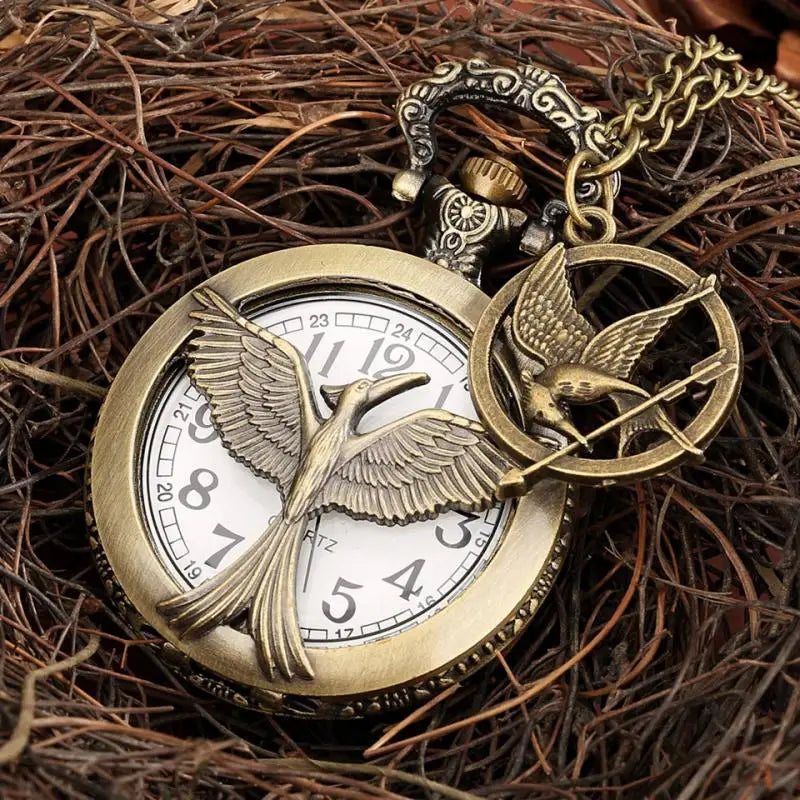 Oco grande pássaro relógio de bolso de quartzo bronze pássaros colar animal cosplay pingente corrente souverirn corrente com pássaro acessório