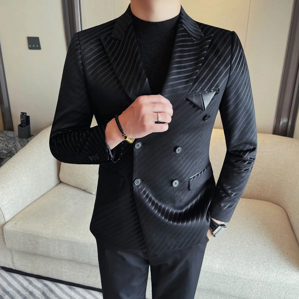 Estilo britânico de luxo masculino duplo breasted sarja terno jaqueta alta qualidade moda negócios fino ajuste noivo festa social terno vestido