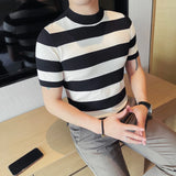 Verão tripulação pescoço manga curta malha camiseta moda listrado fino ajuste casual respirável gelo seda topos camisetas camisa roupas masculinas