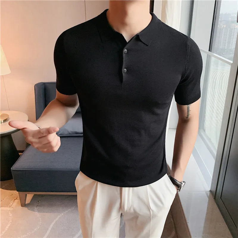Estilo britânico verão camisa polo de malha cor sólida fino ajuste estiramento manga curta camiseta masculina negócios polos sociais streetwear