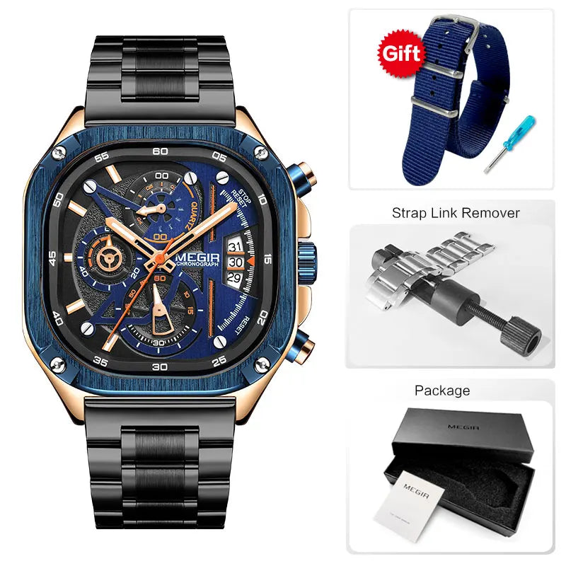 Megir relógio de quartzo preto masculino, à prova d'água, mostrador quadrado, relógio de pulso com cronógrafo, pulseira de aço inoxidável, mãos luminosas, data automática