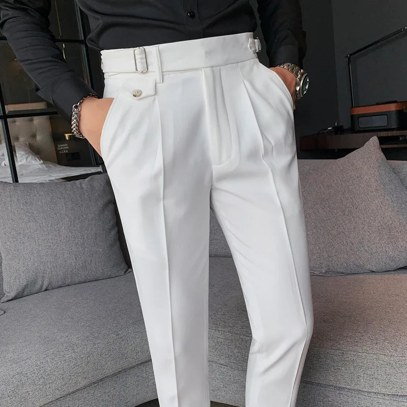 Calça de terno de cintura alta monocromática estilo britânico masculina, calça formal de negócios, calça escritório casual fina, alta qualidade, nova, 2022