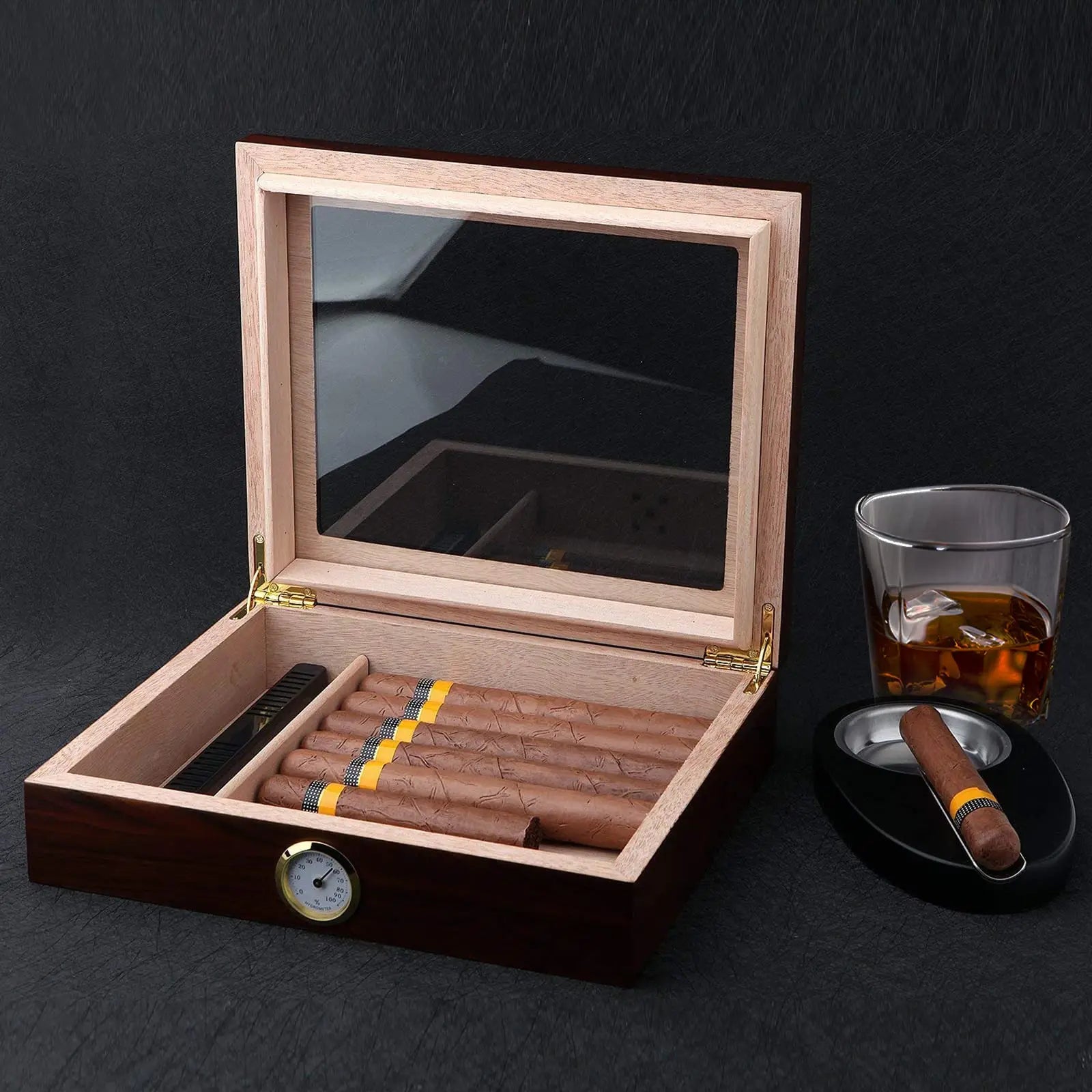Caixa De Armazenamento De Humidor De Charuto Artesanal, Organizador Hidratante, Umidificador Higrômetro, Top De Vidro Para 25 Charutos