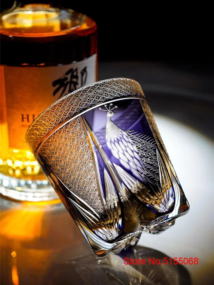 Pavão tela aberta edo kiriko corte manual roxo cristal vidro vinho snifter brandy tumbler rock copos de uísque copo produtos vidreiros