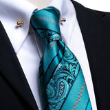 Oi-Tie-gravata azul teal masculina, gravata de alta qualidade, pino de gola dourada, conjunto de abotoaduras sólidas, luxo, novo