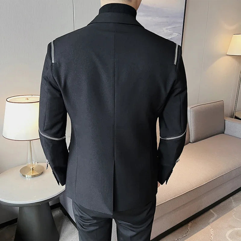 2024 outono novo zíper decoração blazer masculino casual fino ajuste vestido de negócios casacos homme formal baile de formatura smoking roupas masculinas