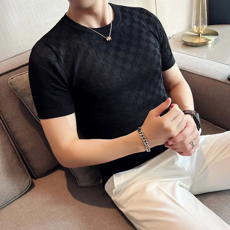 Camiseta de malha transparente masculina de malha, alta elasticidade, manga curta com gola em O, camiseta oca, camiseta xadrez casual masculina, verão 2022