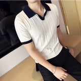 Verão listra jacquard manga curta camisa polo de malha masculina com decote em v contraste cor magro ajuste casual negócios camiseta topos 3xl