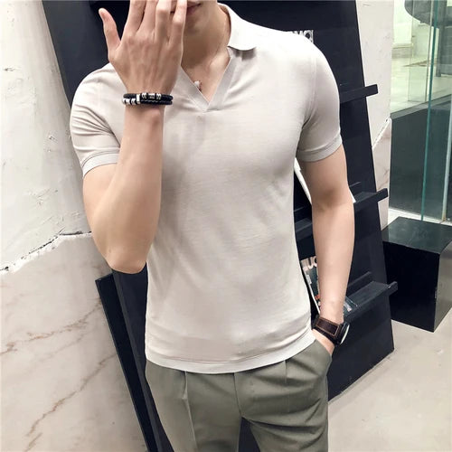 Polo com decote em v respirável masculino, manga curta, slim fit, camiseta monocromática, roupas de streetwear, nova moda, verão, 4XL, 2022