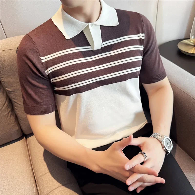 Verão gelo seda com decote em v emendado malha polos camisas 2025 de alta qualidade listrado casual negócios lapela versátil camiseta masculina