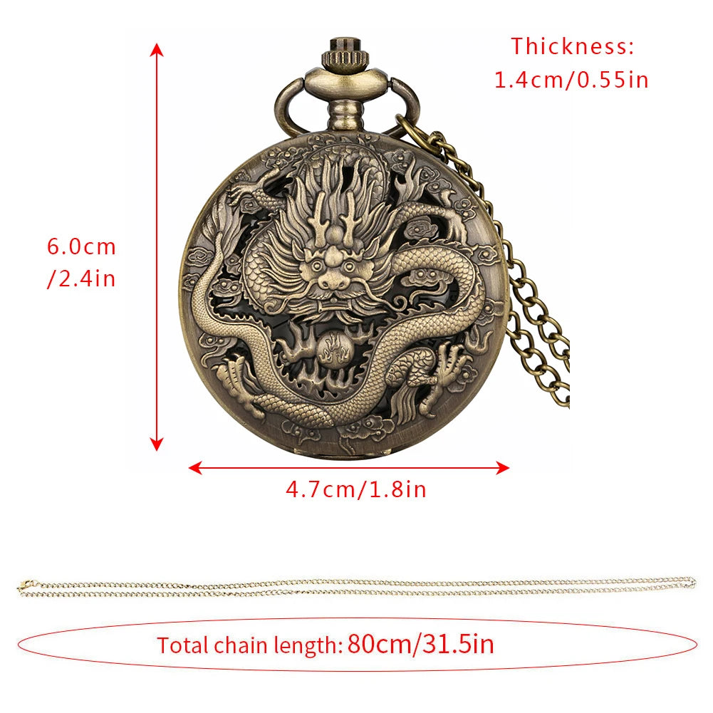 Bronze Vintage Ancient Dragon Design Quartz Pocket Watch Steampunk Analógico FOB Pocket Chain Presente Homens Mulheres Colar Pingente Relógio