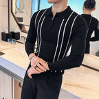 2024 outono inverno nova camisola listrada para homens moda zíper flip colarinho de malha camisa polo masculina manga longa magro casual puxar