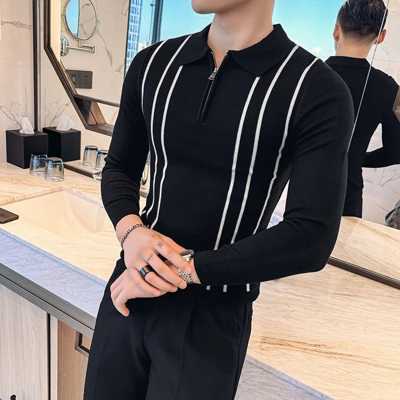 2024 outono inverno nova camisola listrada para homens moda zíper flip colarinho de malha camisa polo masculina manga longa magro casual puxar