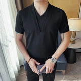 Verão falso 2 peças com decote em v camisetas masculinas 2025 moda sólida fino ajuste casual elástico manga curta camisetas topos roupas masculinas