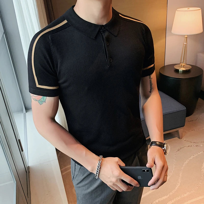 Cor bloqueada listrado camisa polo de malha dos homens verão manga curta lapela gelo seda t masculino fino negócios polos sociais streetwear