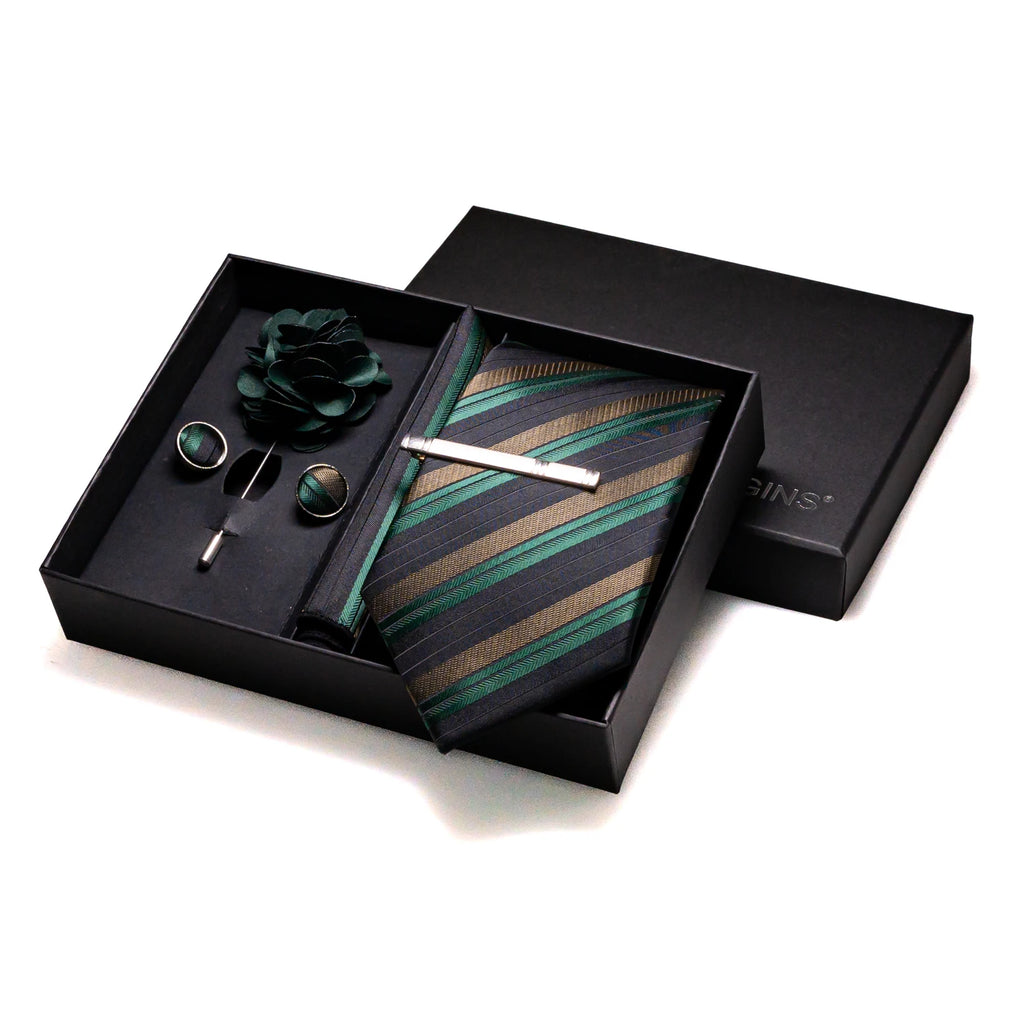 Gravatas luxuosas de seda com listras verdes escuras, acessórios de casamento, gravata masculina, bolso quadrado, abotoaduras, pino e caixa de presente elegante