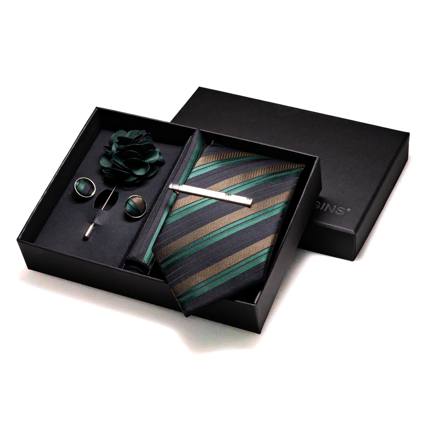Gravatas luxuosas de seda com listras verdes escuras, acessórios de casamento, gravata masculina, bolso quadrado, abotoaduras, pino e caixa de presente elegante