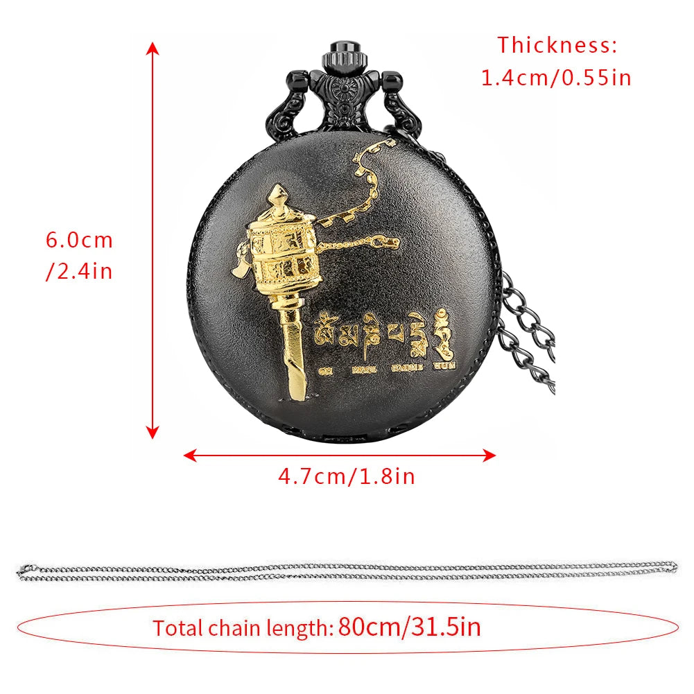 Om Mani Padme Hum Budismo Letras Sanskrit Seis Palavras Relógio de Bolso de Quartzo para Homens Mulheres com Colar de 80cm/Cadeia de Gancho de Cintura de 38cm