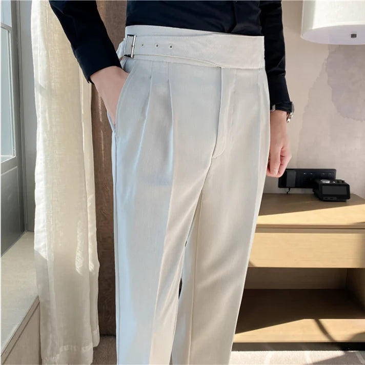 Estilo britânico masculino cintura alta vestido casual calça masculina cinto design calças finas formal escritório social festa de casamento vestido terno calças