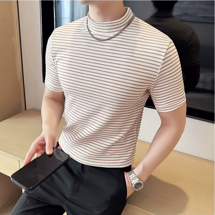 Moda listra masculina camisetas verão meia alta pescoço fino ajuste casual versátil respirável t camisa pulôver roupas masculinas 4xl-m
